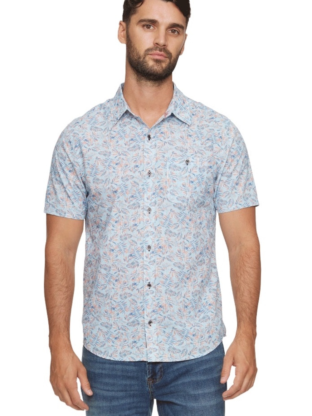 Men's Light Blue Leaf-Print Short Sleeve Button-Down Shirt